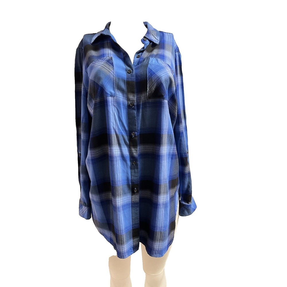 CATO Hi low Plaid Blue Tunic Long Roll tab slv Flannel Size M
